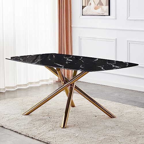 71 inch Glass Dining Table with Black Marble Finish Glass Top, Rectangular Glass Kitchen Table Furniture with 6 Golden Plating Metal Legs for Home Office Kitchen Dining Room, 6-8 People