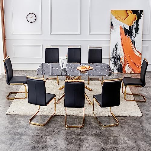 71 inch Glass Dining Table with Black Marble Finish Glass Top, Rectangular Glass Kitchen Table Furniture with 6 Golden Plating Metal Legs for Home Office Kitchen Dining Room, 6-8 People