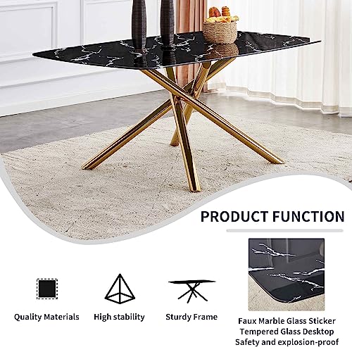 71 inch Glass Dining Table with Black Marble Finish Glass Top, Rectangular Glass Kitchen Table Furniture with 6 Golden Plating Metal Legs for Home Office Kitchen Dining Room, 6-8 People