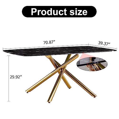 71 inch Glass Dining Table with Black Marble Finish Glass Top, Rectangular Glass Kitchen Table Furniture with 6 Golden Plating Metal Legs for Home Office Kitchen Dining Room, 6-8 People