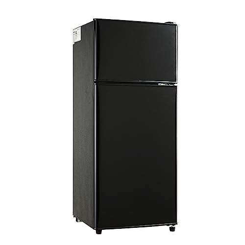 Kazigak Compact Refrigerator Double Door Mini Fridge with Freezer, 3.5 CU FT Mini Refrigerator with 7 Level Adjustable Thermostat for Office, Dorm, Apartment, Black