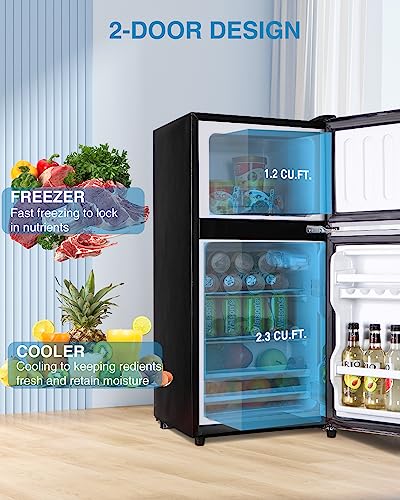 Kazigak Compact Refrigerator Double Door Mini Fridge with Freezer, 3.5 CU FT Mini Refrigerator with 7 Level Adjustable Thermostat for Office, Dorm, Apartment, Black