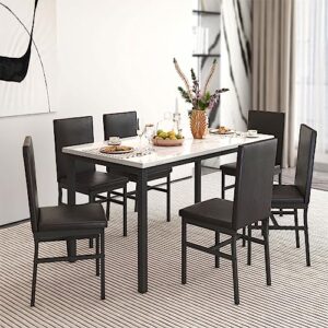 yofe dining table set for 6, kitchen table with 6 chairs,faux marble tabletop & 6 leather upholstered chairs for dining room,kitchen, dinette, breakfast nook