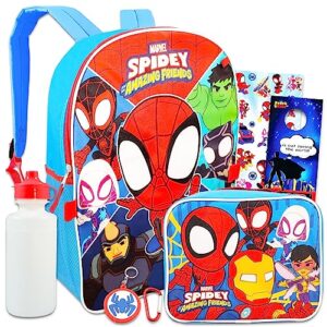 marvel spidey and his amazing friends backpack set - 5 pc spiderman school supplies bundle with 16” backpack for kids, spidey lunch bag, water bottle, stickers, and more | spiderman bag pack