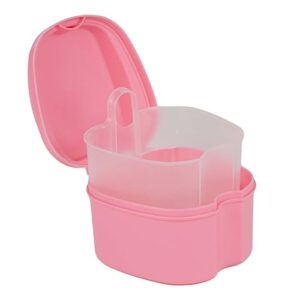 genco dental denture case, denture box with strainer, night cleaner denture bath box for retainer, mouthguard, false teeth, and denture cleaning (pink)