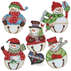 debbie mumm snowbells snowmen (2014), set of 5 mill hill winter themed beaded cross stitch ornament kits, plus decorative 'needlworker' sticker