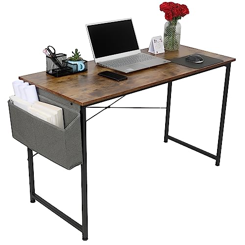 YSSOA 40 Inch Computer Modern Simple Style Home Office, Study Student Writing, Vintage with Storage Bag Wooden Desk, Brown