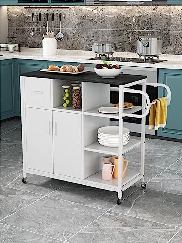 JouZYA Kitchen Island Rolling Storage Cabinet Cart w/Wheels, Drawers, Rack White-Black