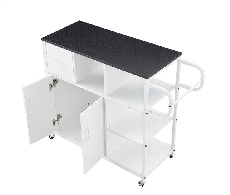 JouZYA Kitchen Island Rolling Storage Cabinet Cart w/Wheels, Drawers, Rack White-Black