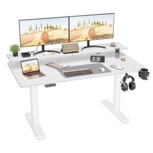 kemon electric standing desk with monitor stand, 55 x 24 inch height adjustable sit stand up desk, home office computer workstation with cup holder and hook, stand table for work, white