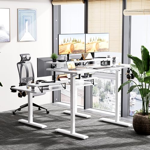 Kemon Electric Standing Desk with Monitor Stand, 55 x 24 Inch Height Adjustable Sit Stand up Desk, Home Office Computer Workstation with Cup Holder and Hook, Stand Table for Work, White