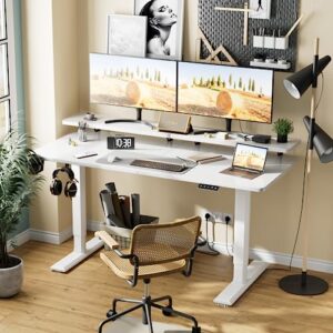 Kemon Electric Standing Desk with Monitor Stand, 55 x 24 Inch Height Adjustable Sit Stand up Desk, Home Office Computer Workstation with Cup Holder and Hook, Stand Table for Work, White