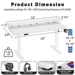 Kemon Electric Standing Desk with Monitor Stand, 55 x 24 Inch Height Adjustable Sit Stand up Desk, Home Office Computer Workstation with Cup Holder and Hook, Stand Table for Work, White