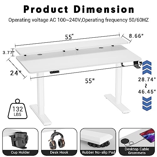 Kemon Electric Standing Desk with Monitor Stand, 55 x 24 Inch Height Adjustable Sit Stand up Desk, Home Office Computer Workstation with Cup Holder and Hook, Stand Table for Work, White