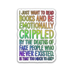 miraki emotionally crippled by books sticker, reading book sticker, book lover sticker, book nerd sticker, water assitant die-cut vinyl funny decals for laptop, phone, water bottles, kindle sticker