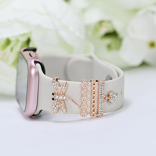 SUNOREEK rose gold Watch Band Charms , heart love Diamond Decorative Rings Loops Charms for Apple Watch Bands women 49mm 45mm 44mm 42mm 41mm 40mm 38mm , flower lover Metal Jewelry SmartWatch Watch Band Accessories Charms for iwatch band Series se 9 8 7 6