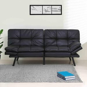 71”convertible futon sofa bed, modern leather sleeper couch with adjustable armrest and backrest, folding upholstered loveseat with metal legs, memory foam living seat for apartment/office, black