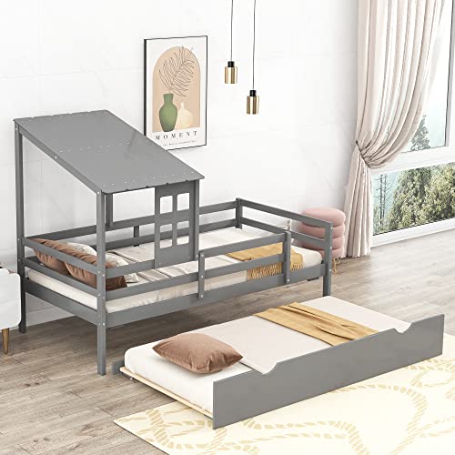 OPTOUGH Twin Size Low Loft Bed with Trundle,Wooden House Bed w/Roof and Window Design for Kids Teens Bedroom,Grey