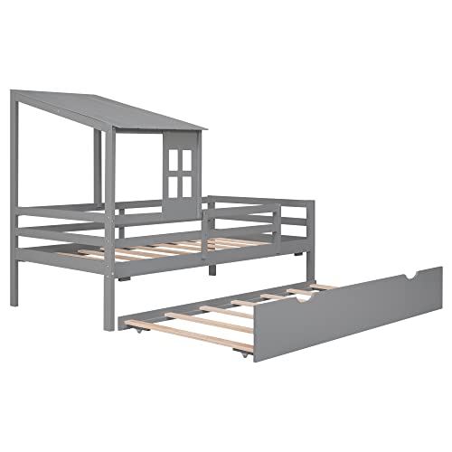 OPTOUGH Twin Size Low Loft Bed with Trundle,Wooden House Bed w/Roof and Window Design for Kids Teens Bedroom,Grey