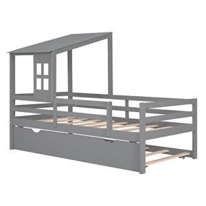 OPTOUGH Twin Size Low Loft Bed with Trundle,Wooden House Bed w/Roof and Window Design for Kids Teens Bedroom,Grey