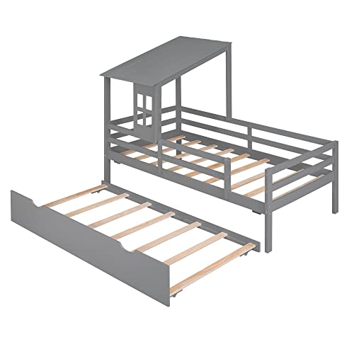 OPTOUGH Twin Size Low Loft Bed with Trundle,Wooden House Bed w/Roof and Window Design for Kids Teens Bedroom,Grey