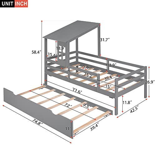 OPTOUGH Twin Size Low Loft Bed with Trundle,Wooden House Bed w/Roof and Window Design for Kids Teens Bedroom,Grey