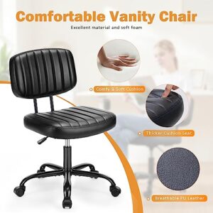 Armless Desk Chair - Small Home Office Chair with Wheels, PU Leahter Low Back Vanity Chair with Lumbar Support, Adjustable Height 360° Rolling Swivel Computer Task Chair without Arm for Small Space