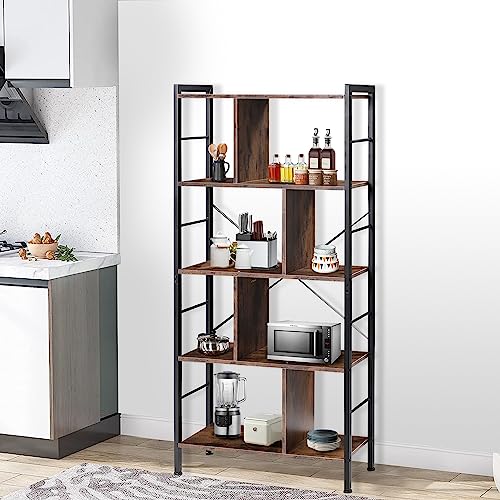 BETTAHOME Tall 5-Tier Bookshelf, 61'' Tall Open Book Shelf, Industrial Wooden Bookcase, Display Storage Organizer for Home Office, Bedroom, Living Room, Rustic Brown and Black