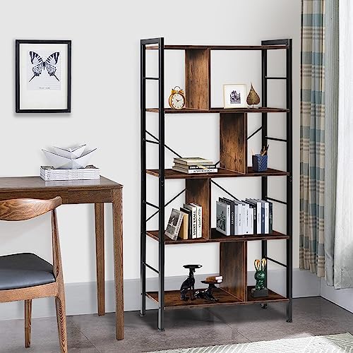 BETTAHOME Tall 5-Tier Bookshelf, 61'' Tall Open Book Shelf, Industrial Wooden Bookcase, Display Storage Organizer for Home Office, Bedroom, Living Room, Rustic Brown and Black