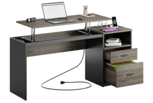 bestier lift top computer desk with file drawer, 60" large office desk with power outlet usb port built in writing study computer table with storage workstation for home office bedroom, gray