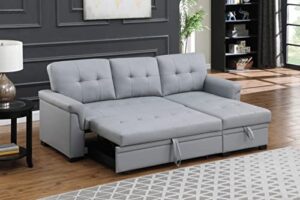 eafurn l shaped convertible sleeper sofa with reversible chaise,3 in 1 pull out couch bed with storage,upholstered fabric sectional corner sofa & couches sofabed, gray leather