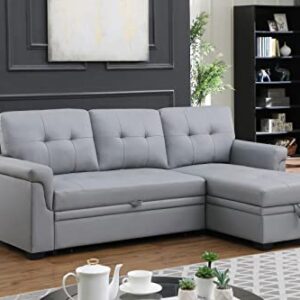 Eafurn L Shaped Convertible Sleeper Sofa with Reversible Chaise,3 in 1 Pull Out Couch Bed with Storage,Upholstered Fabric Sectional Corner Sofa & Couches Sofabed, Gray Leather