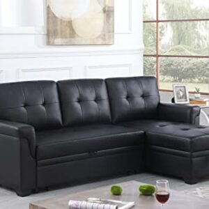 Eafurn L Shaped Convertible Sleeper Sofa with Reversible Chaise,3 in 1 Pull Out Couch Bed with Storage,Upholstered Fabric Sectional Corner Sofa & Couches Sofabed, Black PU Leather