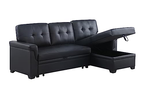 Eafurn L Shaped Convertible Sleeper Sofa with Reversible Chaise,3 in 1 Pull Out Couch Bed with Storage,Upholstered Fabric Sectional Corner Sofa & Couches Sofabed, Black PU Leather