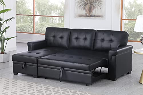 Eafurn L Shaped Convertible Sleeper Sofa with Reversible Chaise,3 in 1 Pull Out Couch Bed with Storage,Upholstered Fabric Sectional Corner Sofa & Couches Sofabed, Black PU Leather