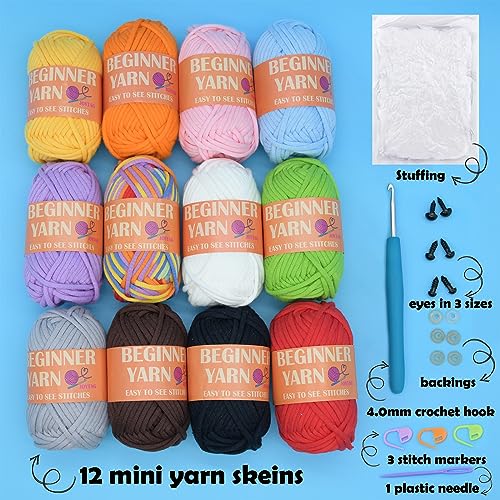 12 Pack Beginners Crochet Yarn Blue Green Pink Purple Yellow Rainbow Cotton Crochet Yarn for Crocheting Knitting Beginners with Easy-to-see Stitches Mini Crochet Yarn for Beginners Crochet Kit(12x25g)