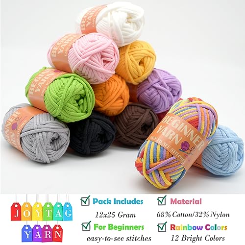 12 Pack Beginners Crochet Yarn Blue Green Pink Purple Yellow Rainbow Cotton Crochet Yarn for Crocheting Knitting Beginners with Easy-to-see Stitches Mini Crochet Yarn for Beginners Crochet Kit(12x25g)