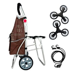 jfyow ultimate adjustable seat back shopping cart with stool - durable stainless steel frame, nylon storage bag, climbing wheels, and secure cargo straps.