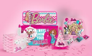 barbie birthday party gift set - tin box, tin pencil case, stickers, birthday necklace, plush, and birthday hat