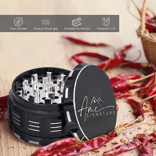 Spice Grinder Large 3 Inch, Manual Herb Grinder 4 parts Aluminum Alloy for Kitchen recreation Premium Quality (Black, 3 Inch)