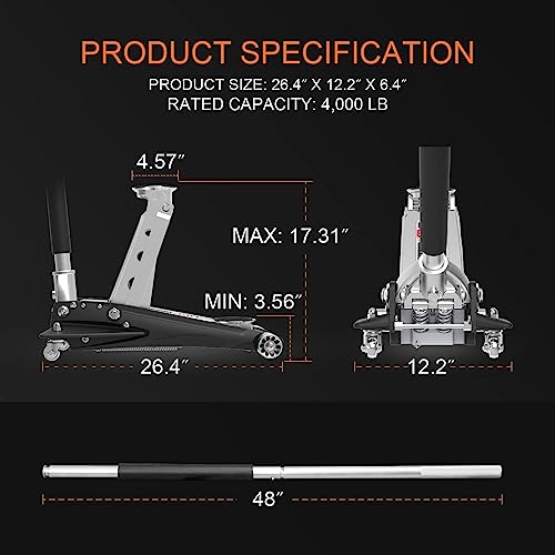 2 Ton (4,000 lb) Hydraulic Low Profile Aluminum Floor Jack Dual Pump,Black