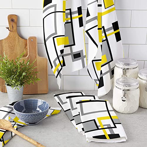 LOVE HOME DAY Modern Yellow Grey White Kitchen Towel Set of 3, Square Rectangular Geometric Hand Towels Absorbent Microfiber Dish Cloth Abstract Washable Tea Bar Dishcloth Cleaning Cloths