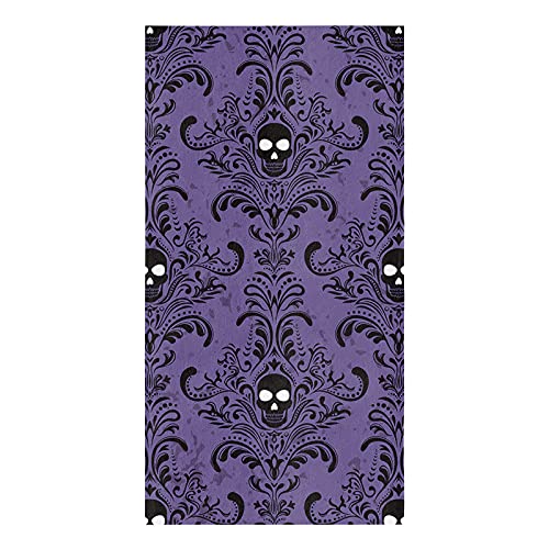 LOVE HOME DAY Halloween Skull Damask Kitchen Towel Set of 1, Horror Black Flowers Texture Hand Towels Absorbent Microfiber Dish Cloth Purple Washable Tea Bar Dishcloth Cleaning Cloths