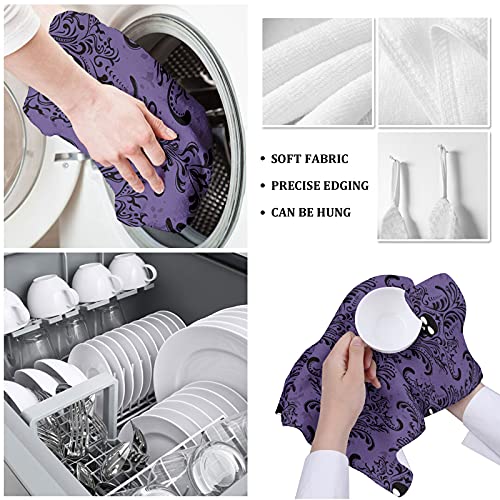 LOVE HOME DAY Halloween Skull Damask Kitchen Towel Set of 1, Horror Black Flowers Texture Hand Towels Absorbent Microfiber Dish Cloth Purple Washable Tea Bar Dishcloth Cleaning Cloths