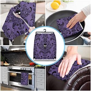 LOVE HOME DAY Halloween Skull Damask Kitchen Towel Set of 1, Horror Black Flowers Texture Hand Towels Absorbent Microfiber Dish Cloth Purple Washable Tea Bar Dishcloth Cleaning Cloths