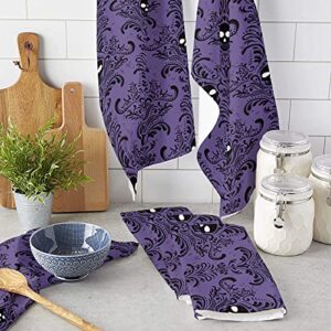 LOVE HOME DAY Halloween Skull Damask Kitchen Towel Set of 1, Horror Black Flowers Texture Hand Towels Absorbent Microfiber Dish Cloth Purple Washable Tea Bar Dishcloth Cleaning Cloths