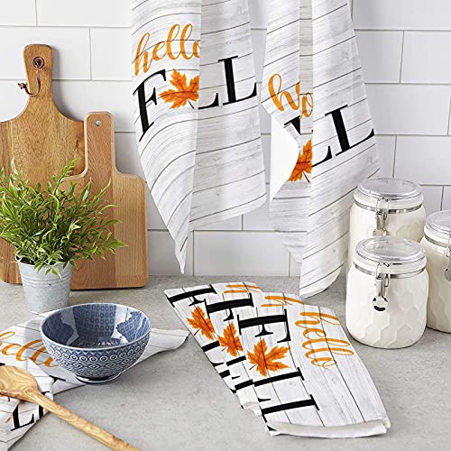 Fall Maple Leaf Kitchen Towel Set of 1, Thanksgiving Day Autumn Plant Hand Towels Absorbent Microfiber Dish Cloth Wood Plank Washable Tea Bar Dishcloth Cleaning Cloths