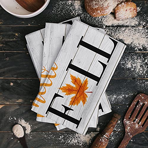 Fall Maple Leaf Kitchen Towel Set of 1, Thanksgiving Day Autumn Plant Hand Towels Absorbent Microfiber Dish Cloth Wood Plank Washable Tea Bar Dishcloth Cleaning Cloths