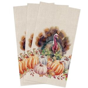 thanksgiving day kitchen towel set of 3, watercolor turkey and pumpkins hand towels absorbent microfiber dish cloth autumn harvest washable tea bar dishcloth cleaning cloths