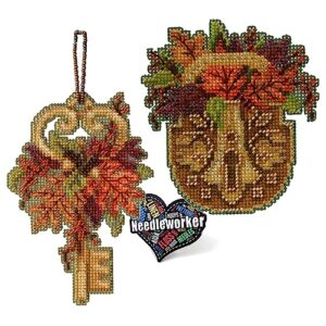 mill hill antique lock and key counted cross stitch kits, set of 2 - autumn themed ornaments plus 'needleworker' sticker
